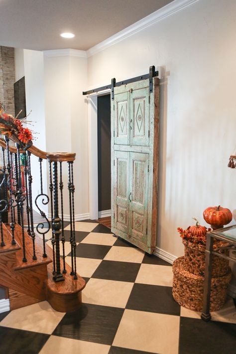 View from entry of antique vintage Indian sliding barn door into master suite Sliding Tracks, Greek House, Vintage Doors, Antique Doors, Old Door, Old Doors, Vintage Door, Sliding Barn Door, Vintage Indian