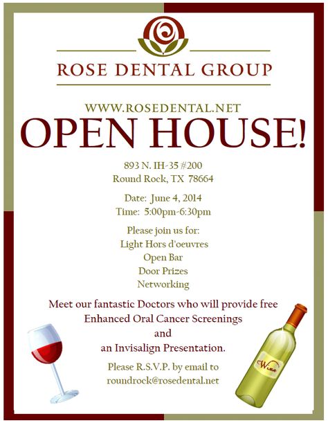 Rose Dental would like to extend this invitation to our Pinterest friends! Please join us for our Open house and feel free to invite a friend! Don’t forget to RSVP! Office Grand Opening Ideas, Business Open House Ideas, Orthodontic Marketing, Chiropractor Humor, Graduation Open House Invitations, Open House Invitations, Orthodontics Marketing, Christmas Open House Invitations, Dentist Quotes