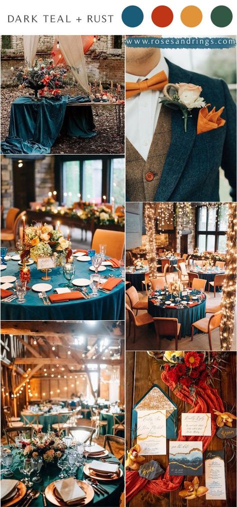 July Boho Wedding Colors, Fall Wedding Colors Teal Burnt Orange, Teal And Rust Wedding, Dark Teal And Rust Orange Wedding, Teal Wedding Ideas, Amazing Wedding Centerpieces, Wedding Tablesetting, Dark Teal Weddings, Bun Wedding