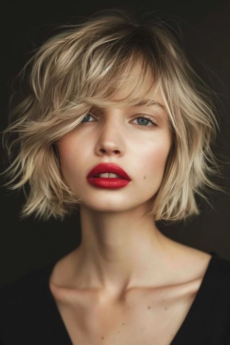 Woman with tousled short blonde hair and striking red lipstick gazes softly at the camera, set against a dark background. Artsy Haircuts For Women, Short Blonde Hair With Bangs Bob, Blonde Bobs With Bangs, Taylor Swift Bob Haircut, Blonde Hair Bob With Bangs, Bob Fringe Hairstyles, Fringe Balayage, Short Shag Bob With Bangs, Blond Short Bob