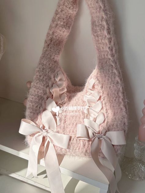 Crochet Clothes Coquette, Crochet Bag With Ribbon, Coquette Purses, Crochet Ribbon Bag, Coquette Accessory, Coquette Finds, Croquette Aesthetic, Coquette Bag, Aesthetic Ribbon