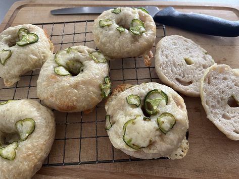 Cheddar Jalapeño Sourdough Bagels — No Knead to Worry Jalapeño Sourdough, Sourdough Bagels, Wooden Spatula, No Knead, Sharp Cheddar, Dough Balls, Sourdough Starter, Bagels, Baking Sheet