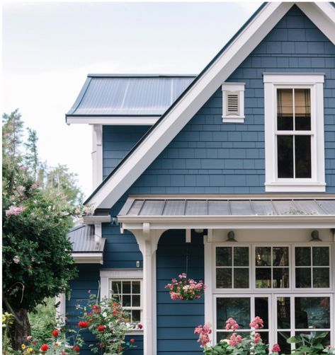 Navy House White Trim, Backyard Overhang, Autumnal House, Blue Home Exterior, Blue Craftsman, Blue House Exterior, Navy Houses, Wholesome Life, Wood Cabin