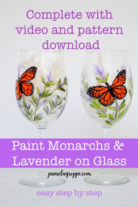 Learn to Paint beautiful Monarch Butterflies and Lavender on glass. Create fabulous DIY gifts, paint wine glasses, crafts and items to sell at craft fairs, bazaars and gift shops. Easy step by step painting tutorial to paint monarchs and lavender. #glasspainting #diycrafts #easypainting How To Paint Wine Glasses Diy Tutorials, Spring Painted Wine Glasses, Wine Glass Painting Ideas Easy, Monarch Painting, Snowman Board, Easy Step By Step Painting, Paint Wine Glasses, Downloadable Videos, Paint Lavender