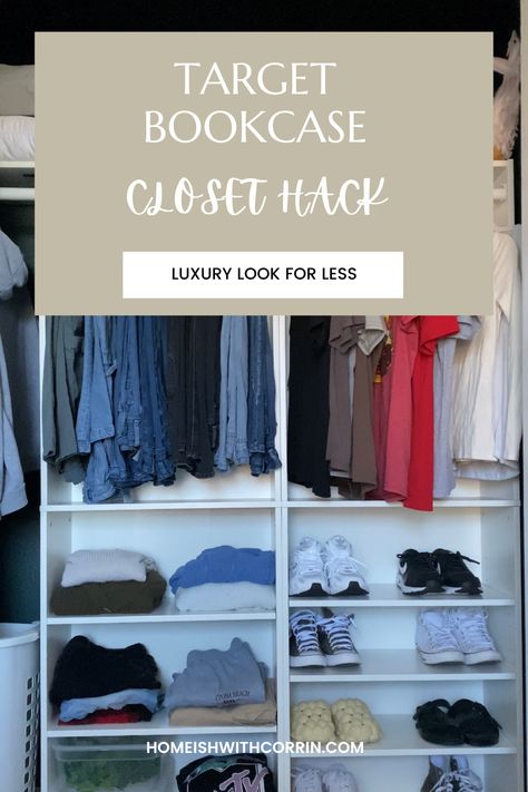 Learn how we built our daughter's "custom" closet using Target bookcases and Home Depot closet rods for under $115. The process was simple and only took a few hours. Now she has a clutter free space to store seasonal clothing and other items. #targetbookcaseclosethack #diycustomcloset #budgethomeproject #diycloset #closetorganization Bookcase Closet Hack, Target Bookcase Closet, Target Bookcase, Rental Closet, Home Depot Closet, Target Bookshelf, Target Shelves, Bookshelf Closet, Bookcase Closet