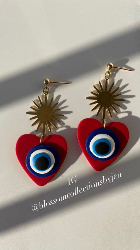 Evil Eye Polymer Clay Earrings, Evil Eye Clay Earrings, Laser Cut Wood Jewelry, Embroidery Hearts, Handmade Clay Jewelry, Polymer Clay Diy, Polymer Clay Jewelry Diy, Hand Painted Jewelry, Cute Polymer Clay