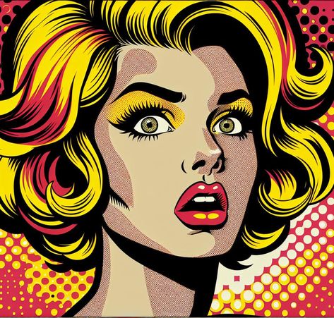 Ce Papier peint bande dessinée est une immersion audacieuse dans le monde du pop art, où l'expression captivante d'une femme surprise est immortalisée dans des tons vibrants et des contrastes frappants. La chevelure flamboyante aux reflets jaune et rouge, les yeux agrandis par la surprise, et les lèvres d'un rouge intense sont autant de détails qui donnent vie à cette toile de fond spectaculaire. Ce Papier peint bd pop art, rappelant l'art visuel des années 60, introduit une touche de drame théâ Pop Art Magazine, Pop Art Movement, Pop Art Comic, Art Pop, Magazine Art, Art Movement, Newspaper, Comic Art, Art Style