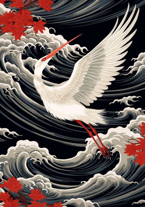 White stork elegantly flying over stylized waves with leaves. The artwork is inspired by Japanese abstraction, showcasing hyper-detailed illustrations, strong contrast, and chiaroscuro effects. Crane Drawing, Leaves Drawing, Japanese Waves, Crane Bird, Wave Art, Beauty Design, Chiaroscuro, Dragon Art, Art Lovers