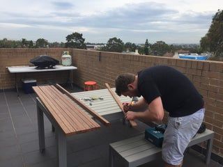 Hanging Balcony Bar Table : 8 Steps (with Pictures) - Instructables Balcony Table Diy, Balcony Bar Table, Hanging Balcony, Table With Bench Seat, Table With Bench, Deck Bar, Balcony Table, Porch Bar, Balcony Bar