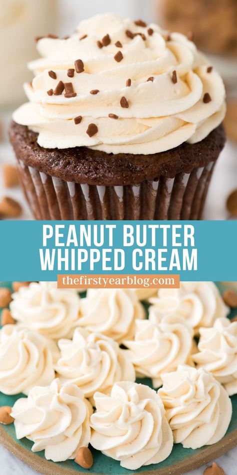 peanut butter whipped cream pin with text overlay Whipped Peanut Butter Icing, Dessert List, Dessert Favorites, Peanut Butter Whipped Cream, Peanut Butter Frosting Recipe, Whipped Peanut Butter, Peanut Butter Icing, Icing Recipes, Frosting Recipes Easy