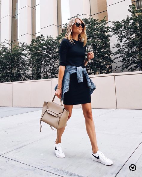 7 Chic Ways to Style Sneakers | The Everygirl Dress And Sneakers, Dress And Sneakers Outfit, Sneaker Outfits Women, Grunge Dress, Fashion Jackson, Black Dress Outfits, Summer Dress Outfits, Black Women Fashion, Night Out Dress