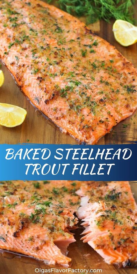 Baking a whole steelhead trout fillet is so simple but looks very impressive. Topped with shallots, garlic, lemon and fresh herbs – it’s so juicy and flavorful. You are guaranteed a delicious meal. Salmon can be used instead of steelhead trout, with excellent results. Steel Head Trout Recipes, Baked Steelhead Trout, Steelhead Recipes, Steelhead Trout Recipe Baked, Whole Trout Recipes, Steelhead Trout Recipe, Trout Fillet Recipes, Baked Trout, Trout Recipe