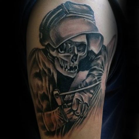 Guys Skeleton Welder Upper Arm Tattoos Ironworkers Tattoo, Welder Tattoo, Welding Tattoo, Welding Certification, Shielded Metal Arc Welding, Baby Name Tattoos, Names Tattoos For Men, Men Tattoos Arm Sleeve, Upper Arm Tattoos