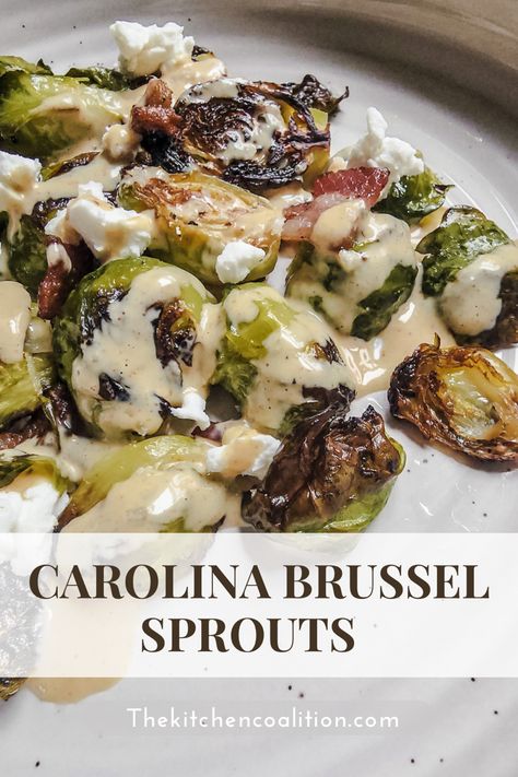 A perfect side dish recipe for any dinner. Pan roasted brussel sprouts with bacon and goat cheese topped with a delicious sauce. Brussel Sprout Recipes With Bacon And Goat Cheese, Brussels Sprouts Goat Cheese, Brussel Sprout Recipes With Goat Cheese, Goat Cheese Brussel Sprouts, Brussel Sprouts With Goat Cheese, Pan Roasted Brussel Sprouts, Roasted Brussel Sprouts With Bacon, Creamy Brussel Sprouts, Boursin Cheese Recipes