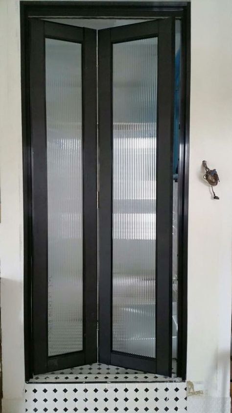 Folding Door For Bathroom, Washroom Door Design For Home, Bifold Doors Bathroom, Bi Folding Bathroom Door, Toilet Bifold Door, Small Bathroom Doors, Folding Kitxhen Pantry Doors, Cupboard Door Design, Small Halls