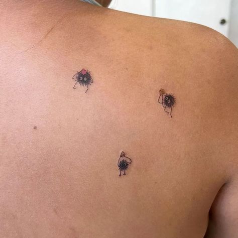 Unique Studio Ghibli Tattoo, Soot Gremlins Tattoo, Studio Ghibli Soot Sprites Tattoo, Soot Spirit Tattoo, Spot Sprite Tattoo, Mole Cover Up Tattoo, Dust Sprites Tattoo, Small Tattoo Cover Up, Simple First Tattoos