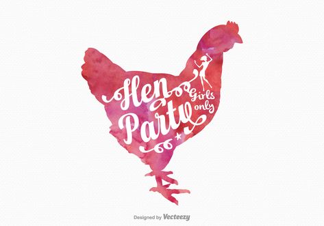 Free hen party vector invitation card with lettering isolated on pink watercolor chicken silhouette. Chicken Silhouette, Watercolor Chicken, Party Vector, Party Logo, Hen Do, Free Vectors, Pink Watercolor, Hen Party, Invitation Card