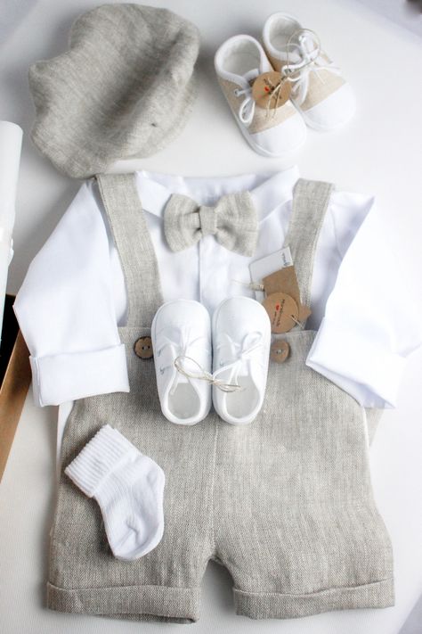 NEW! Comfortable Christening set for a boy LINEN NATURAL BEIGE Nature and classic - It must be a perfect day This is the perfect outfit for your little one 100% Linen The beginning of the hunting season. It will be successful if you find the right trail! We made it easy We have prepared linen outfits for your little one in 5 most fashionable colors natural beige, blue, white, gray, navy blue red Baptism outfit - Shirt body Long sleeve - Suspenders Short Legs - Cap - Bow tie - Shoes A set sewn fr Christening Themes Boy, Baptism For Boys, Boy Christening Decorations, Baptism Boy Outfit, Baptism Outfits For Boys, Christening Outfits For Boys, Baptism Baby Boy, Christening Themes, Beige Nature