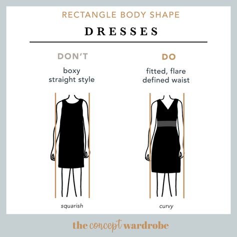 the concept wardrobe | Avoid boxy and baggy styles and dresses that flare out too wide at the bottom. These will make you look bottom-heavy. Instead, opt for dresses with high waist definition. Empire line dresses, princess seam dresses, and wrap dresses are great choices. A belt is a must-have and can change the shape of any dress (even shapeless ones). Rectangle Body Shape Fashion, Rectangle Body Shape Outfits, Concept Wardrobe, Rectangle Body Shape, Princess Seam Dress, Body Shapewear, Build A Wardrobe, Body Style, Body Shape