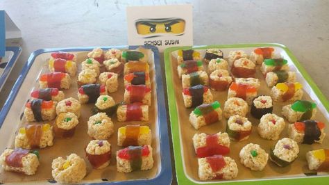 Bubbas Ninjago Party | CatchMyParty.com Ninja Birthday Party Ideas, Ninja Themed Birthday Party, Sushi For Kids, Ninja Birthday Party, Karate Birthday, Candy Sushi, Ninjago Birthday Party, Ninja Birthday Parties, Ninjago Birthday