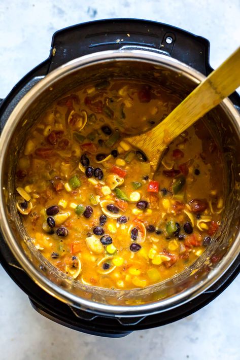 Instant Pot Taco Soup (Vegetarian + Gluten Free!) - The Girl on Bloor Taco Soup Vegetarian, Vegetable Taco, Chickpea Noodles, Instant Pot Taco Soup, Vegetarian Lunches, Slow Cooker Lentil Soup, Soup Vegetarian, Taco Soup Crock Pot, Slow Cooker Lentils