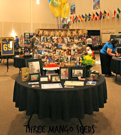 Three Mango Seeds: Photo Display Board (Senior Table/Graduation) Grad Tables, Senior Table Display, Senior Night Table, Senior Night Table Display, Open House Ideas For Seniors, Graduation Party Picture Display, Table Graduation, Ffa Banquet, Grad Table