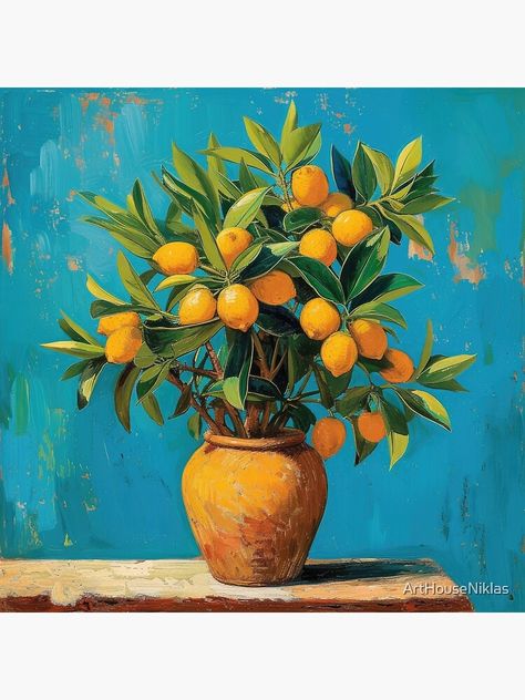 Lemon Tree Painting Acrylic, Split Complementary Painting, Lemon Tree Painting, Lemon Painting, Lemon Art, Art Library, Large Art Prints, Tree Artwork, Landscape Art Painting