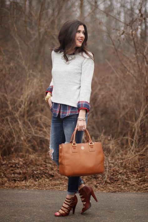 www.theSweetestThingblog.com, Emily Gemma, The Sweetest Thing, J.crew inspired crystal necklace, John Wind Bracelet, Michael Kors Runway Watch, Gray sweater plaid shiirt, Torn up Jeans, Strappy heels, Windsor Store Shoes, Bellami hair, david yurman Ring, tory burch robinson tote Flannel Outfits Spring, Shirt Under Sweater Outfit, Outfit With Flannel, Shirt Under Sweater, Cute Flannel Outfits, Plaid Shirt Outfits, Flannel Outfits, Chic Fall Outfits, Brown Purse