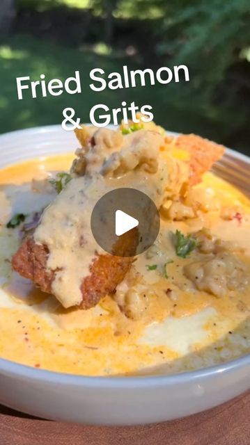 Tri Henry on Instagram: "Fried Salmon & Smoked Gouda Grits w/Lobster Cream Sauce 
#
#
#stlfoodie #atlfoodie #houstonfoodie #lobster #salmon #grits #seafood #salmonandgrits #creamsauce" Salmon And Grits Recipes, Salmon Grits, Smoked Gouda Grits, Gouda Grits, Lobster Cream Sauce, Salmon Smoked, Lobster Sauce, Brunch Foods, Grits Recipe