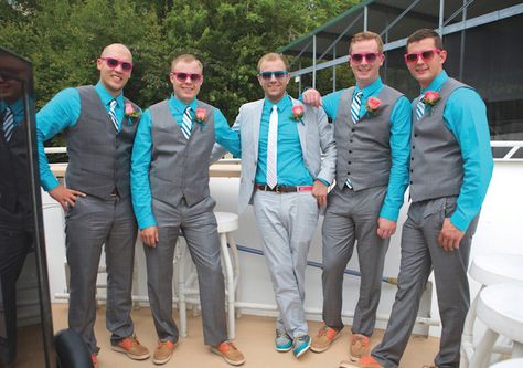 Love the groomsmen attire with gray suits and sky blue shirts! See more from this sky blue and coral Knoxville wedding with a nautical theme on board @volcruises! Pics: Joscelyn Haward | The Pink Bride www.thepinkbride.com Turquoise Groomsmen Attire, Teal Groomsmen Attire, Turquoise Groomsmen, Teal Groomsmen, Country Groomsmen, Teal And Grey Wedding, Gray Suits, Terno Slim, Making A Wedding Dress