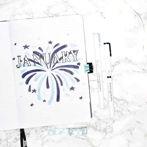 Firework Bullet Journal, Bullet Journal January Theme, January Bujo Theme, Bullet Journal Front Page, Year Tracker, January Theme, Journal November, Journal 2025, Journal January