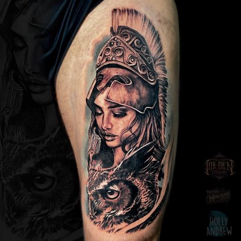 Athena - Goddess of Wisdom - done by Holly. The counterpart to Ares on the opposite thigh ♥️ done today on Chris. LOVED this one especially 😭 Done using: @tattoomousse, @worldfamousink & @atlascartridges Athena Warrior Goddess Tattoo, Athena And Ares Tattoo, Rhea Tattoo Goddess, Goddess Of Wisdom Tattoo, Poseidon Tattoo For Women, Greek Goddess Athena Tattoo, Athena Tattoo Goddess Sleeve, Athena Goddess Tattoo, Goddess Of Love Tattoo