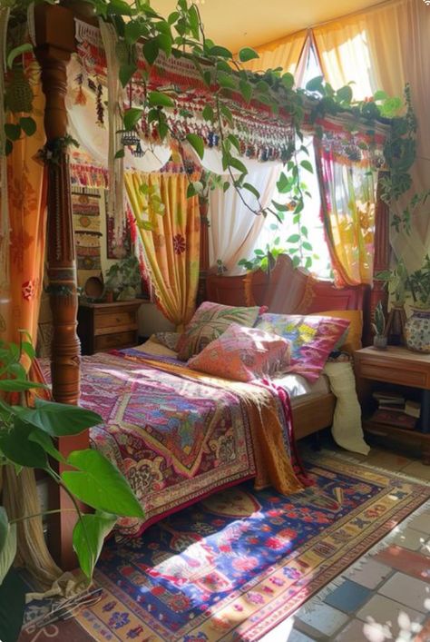 Four Poster Bed Ideas Bohemian, Fabric Above Bed, Plant Filled Bedroom, Comfy Nook, Luxury Dorm, Luxury Dorm Room, Dorm Room Checklist, Dorm Room Rugs, Small Room Makeover