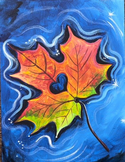 Maple Leaf Floating In Water - Acrylic Painting Tutorial - Step By Step Painting With Tracie Kiernan Paint Night Fall Ideas, Fall Painting Acrylic Easy, Paint By Step, Beginner Paint Night Ideas, Acrylic Painting Ideas Fall Canvas Art, September Canvas Painting Ideas, November Paint And Sip Ideas, Fall Acrylic Paintings For Beginners, Whimsical Fall Paintings