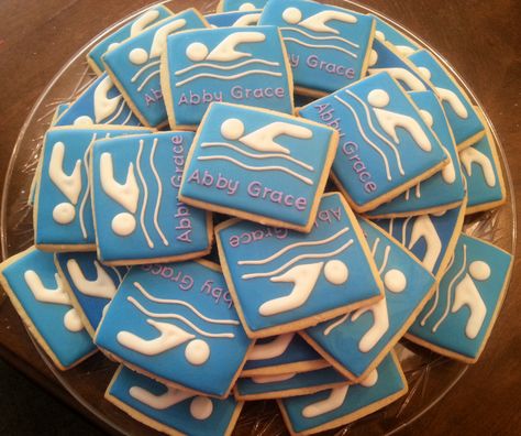 Swim Team Birthday Cookies | Cookie Connection Swim Party Cupcakes, Swimming Cupcakes, Swim Team Party, Swimming Cake, Rainbow Sugar Cookies, Banquet Centerpieces, Team Dinner, Cookie Connection, Swim Party