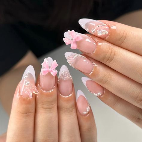 24pcs French almond nail 3d butterfly flower simple press nails, fake nails, suitable for women and Fake Nails Designs, Cute Simple Nails, Girly Acrylic Nails, Short Square Acrylic Nails, Pretty Gel Nails, Really Cute Nails, Soft Nails, Kawaii Nails, Short Acrylic Nails Designs