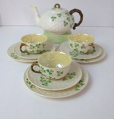 Belleek Shamrock Tea Pot Set Cups 3rd Black Mark Belleek China, Irish Tea, Irish Pottery, Belleek Pottery, Irish Decor, China Dishes, Pot Set, Antique Tea, Chocolate Pots