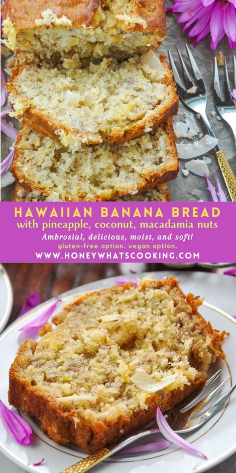 Hawaiian Banana Bread with Pineapple, Coconut & Macadamia Nuts Banana Pineapple Coconut Bread Hummingbird Cake, Banana Hawaiian Bread, Banana Bread With Pineapple And Coconut, Banana Bread Pineapple Recipe, Banana Macadamia Nut Bread, Hawaiian Banana Nut Bread Recipe, Coconut Pineapple Banana Bread, Banana Bread Hawaii Recipe, Hawaiian Banana Nut Bread