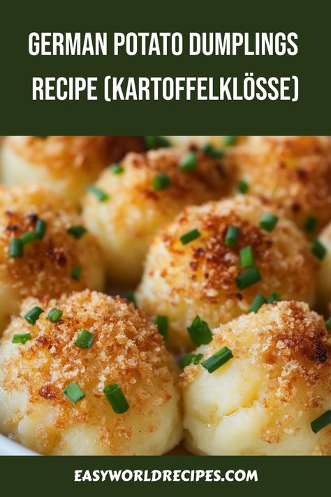 German potato dumplings, known as Kartoffelklöße, are a comforting side dish often found in traditional German meals. These dumplings are made from fluffy mashed potatoes and served with a buttery breadcrumb topping, adding a crisp finish to the tender interior. German Chicken And Dumplings, German Potato Balls, German Deserts Originals, German Potato Dumplings Recipes, German Mashed Potatoes, Traditional German Food Recipes, Potatoe Dumpling, German Dishes Traditional, Potato Dumplings German