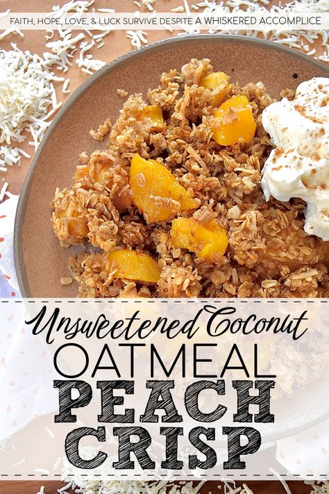 Unsweetened Coconut Oatmeal Peach Crisp - You just can't beat a warm, comforting, bubbly oatmeal peach crisp fresh out of the oven, especially if it's topped with a crunchy buttery topping made with quick-cooking oats, unsweetened shredded coconut, brown sugar, cinnamon, melted butter, and vanilla. And, since you can use either fresh or frozen peaches for this fruity dessert, this is one simple and easy recipe that you'll be able to enjoy year-round. Cherry Pie Crumble, Frozen Pudding, Fruity Dessert, Alphabet Challenge, Frozen Peaches, Coconut Oatmeal, Creamy Potato Salad, Peach Crisp, Great Northern Beans