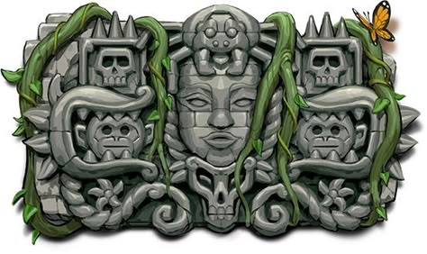 Aztec Temple Drawing, Ancient Mural, Aztec Statues, Art Recreation, Forest Sketch, Aztec Temple, Treasure Games, Temple Drawing, Cartoon Background