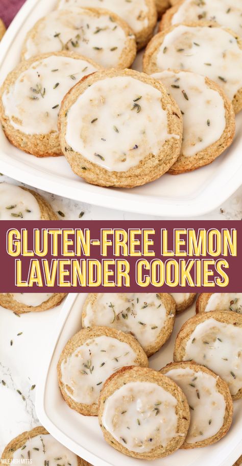 Gluten-free Lemon Lavender Cookie have crisp edges, soft centers, lemon throughout, and pops of lavender. Topped with a light lemon glaze and extra dried lavender sprinkled on top. These quick and easy cookies are great for a baby shower, bridal shower, or tea party! Vegan Lavender Scones, Gluten Free Lemon Lavender Cake, Gluten Free Lavender Cookies, Gluten Free Tea Cookies, Gluten Free Bridal Shower Food, Lemon And Lavender Bridal Shower Ideas, Gluten Free Baby Shower Food, Gluten Free Tea Party, Gluten Free Tea Party Food