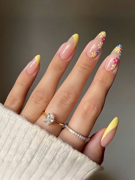 Multicolor  Collar   Colorblock Color Nails Embellished   Nail,Hand & Foot Care Oval Shaped Summer Nails, French Nail Color Ideas, Yellow French Nails With Flower, Oval Nail Designs Summer, Sun Nails Acrylic, Nails Art Ete, Acrylic Nail Designs Yellow, Yellow Almond Acrylic Nails, Ongles Nail Art