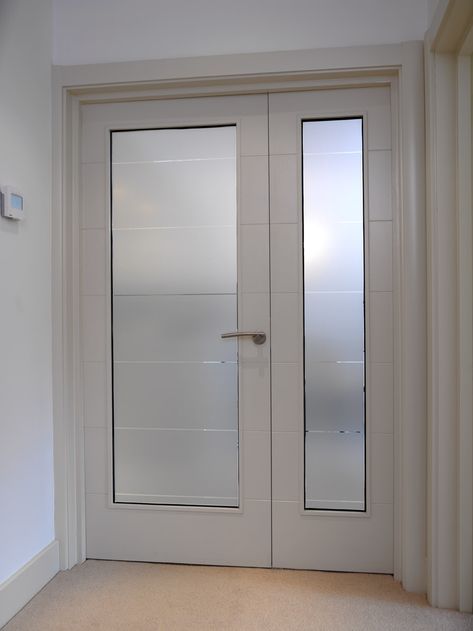 Stunning white glazed doors with frosted glass and horizontal grooves.  Made bespoke by JB Kind Doors. #glazeddoor White Internal Doors, Internal Wooden Doors, Internal Glass Doors, Entry Doors With Glass, Exterior Doors With Glass, Custom Wood Doors, Glazed Doors, Frosted Glass Door, Wooden Doors Interior