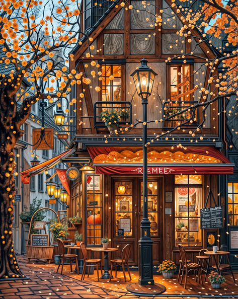 Ghibli Autumn Aesthetic, Autumn City Painting, Cozy Cafe Drawing, Autumn Aesthetic Poster, Autumn Poster Aesthetic, Winter City Illustration, Fall Kawaii Wallpaper, Fall Cafe Aesthetic, Autumn Illustration Wallpaper