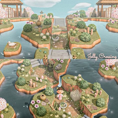 Acnh Sunken Island, Acnh Sunken Valley, Acnh Viewpoint Ideas, Acnh Cliff Design, Acnh Sunken Waterfall, Acnh Sunken Path, Animal Crossing Waterfall Ideas, Acnh Viewpoint, Animal Crossing Village Ideas