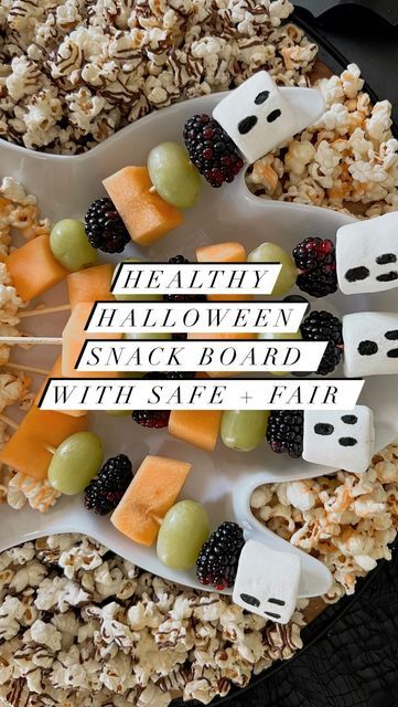 Abby Thome on Instagram: "A Healthy Halloween Snack Board that everyone will love! Make cute ghost fruit skewers by using edible pens to draw faces on marshmallows, and load with fresh fruit! Veggies are always a must! Pick your favorite @safeandfair Popcorn, Granola + Protein Chips to add to your snack board + enjoy! 🛒Shop @marcsstores or online with code ABBY10 🛒 #safeandfair #allergenfriendly #kidsnacks #familyfriendly #ohioblogger #ad" Popcorn Granola, Ghost Fruit, Halloween Snack Board, Protein Granola, Protein Chips, Healthy Halloween Snacks, Halloween Snack, Draw Faces, Fruit Skewers