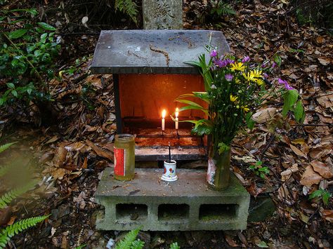 By iamanita tiny altar We found this altar as we climbed a hill behind the Zen Buddhist temple, Nanzen-ji, in Kyoto, Japan, on a rainy Saturday in May. A guy ahead of us lit the candles of every altar along the path. Sacred Garden, Japanese Shrine, Witch Garden, Wall Niche, Pagan Altar, Home Altar, Sacred Places, Zen Garden, Gods And Goddesses