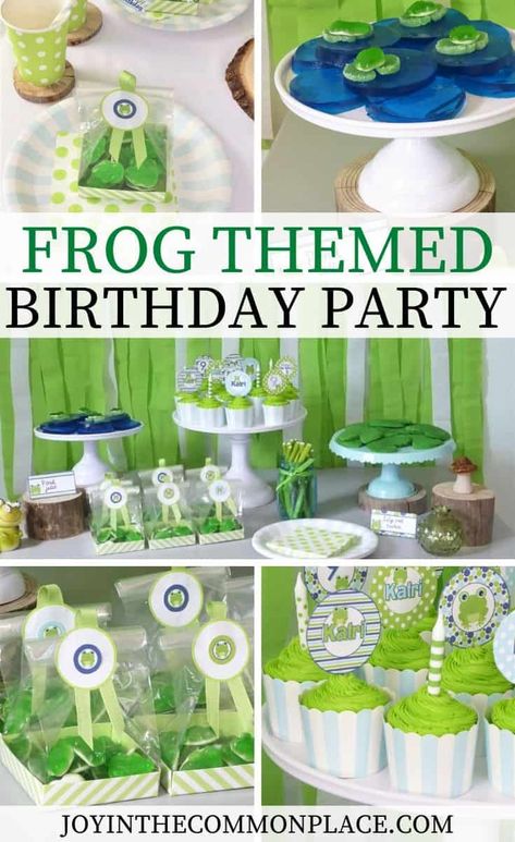 Are you hosting a kids' party soon? A frog themed birthday party is so fun to decorate for! Discover frog party food ideas, easy frog decorations, simple party favors, and where to find frog themed party supplies! Party Decorations | Kids' Birthday Party Ideas | Party Theme | Party Supplies: @papereskimotm #ad Party Printables: @mimisdollhouse #ad #frogtheme #kidsparty #birthdayparty #partydecorations Frog Birthday Party Ideas, Frog Party Food, Frog Themed Birthday Party, Frog Party Theme, Frog Party Decorations, Frog Party Ideas, Prince Baby Shower Theme, Frog Birthday Party, Frog Party