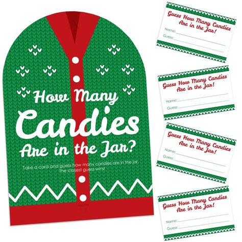 Ugly Sweater Candy Guessing Game INCLUDES 1 sign with a built-in stand and 40 guessing cards that will look great at your Holiday or Christmas Party. Sign measures 7.5” wide by 11” tall and cards measure 3.5” by 2.25” tall. Candy and jar are not included. HOW TO PLAY: Draw attention to your candy jar with the Ugly Sweater Candy Guessing Game! Place the sign and cards next to your candy jar. Guests can then take a card and guess how many candies are in the jar. The closest guess wins! EASY ASSEMB Animal Party Games, Sweater Candy, Christmas Party Candy, Candy Guessing Game, Game Place, Holiday Christmas Party, Ugly Christmas Sweater Party, Guessing Games, Christmas Party Games